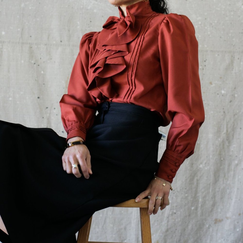 70's Rust Bow Ruffled Secretary Blouse/Pintuck/Button Up/Handmade - Picture 4 of 10